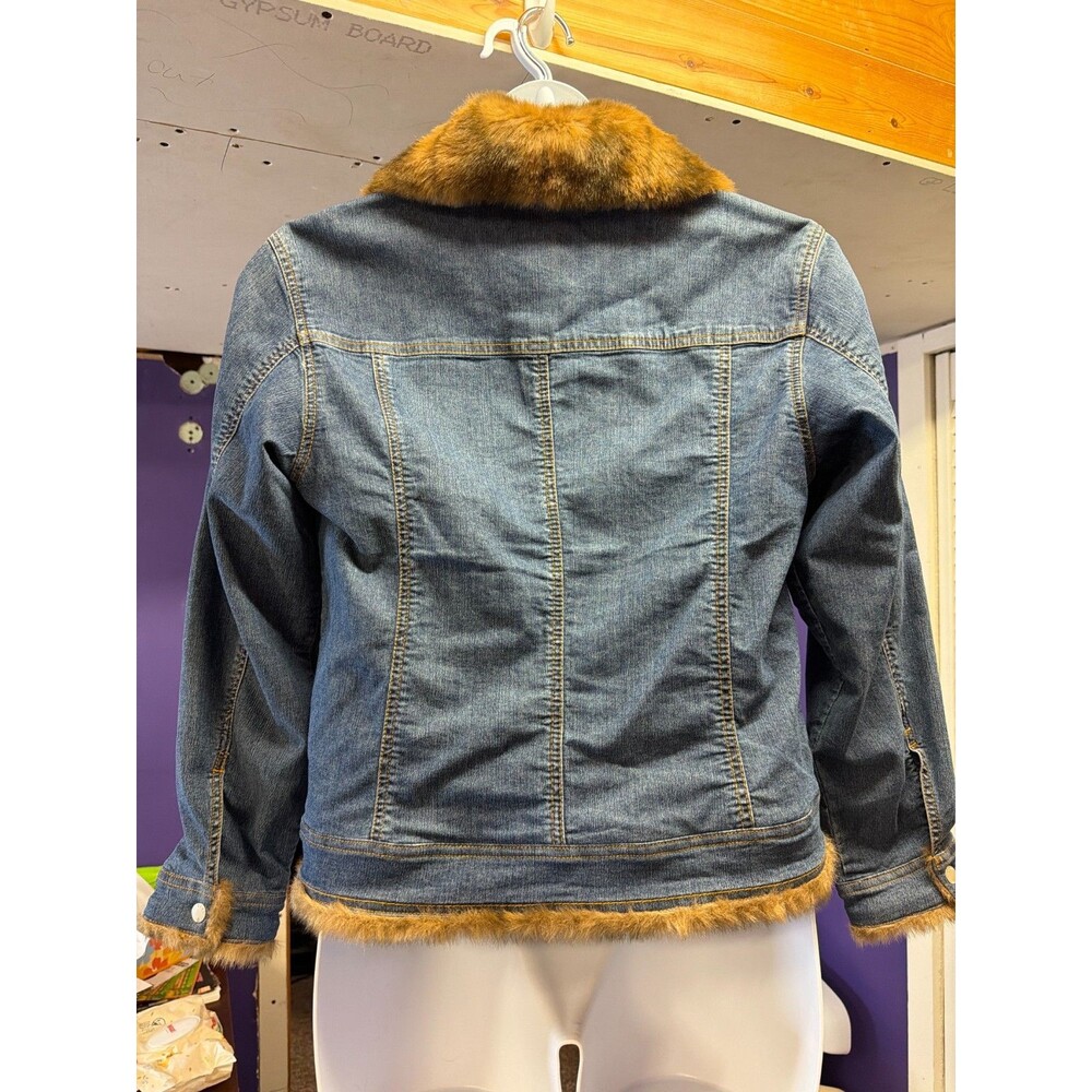 BLAST Denim Jacket Faux Fur Trim Women's M Blue Zip Front Winter Coat - Picture 6 of 10